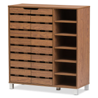 Baxton Studio SR-002-Walnut Shirley Walnut Wood 2-Door Shoe Cabinet with Open Shelves